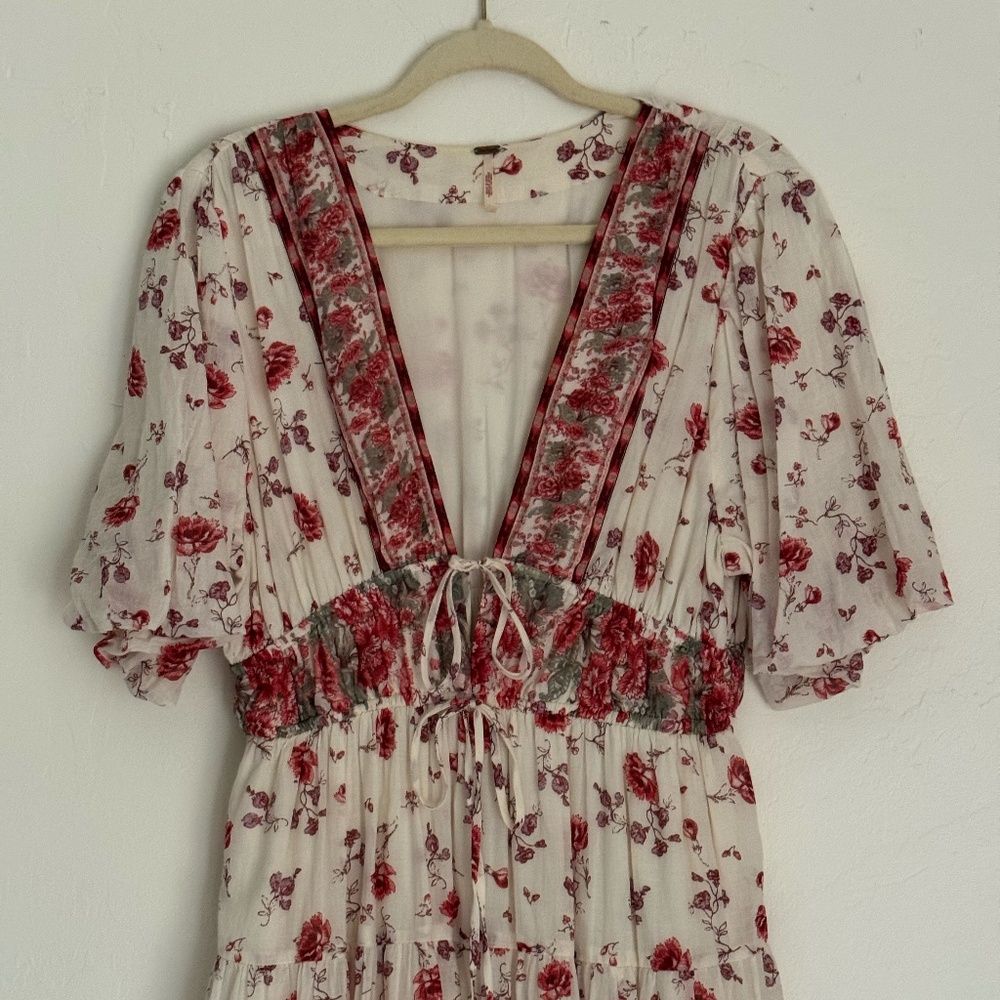 Free People Lysette Red Ivory Floral Maxi Dress